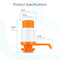 Image displays the Manual Water Bottle Pump - Orange & White (BPA-free) with labeled dimensions: height 9.25 in, top width 3.25 in, bottom width 4.5 in, spout length 5 in; fits standard 3- and 5-gallon bottles.