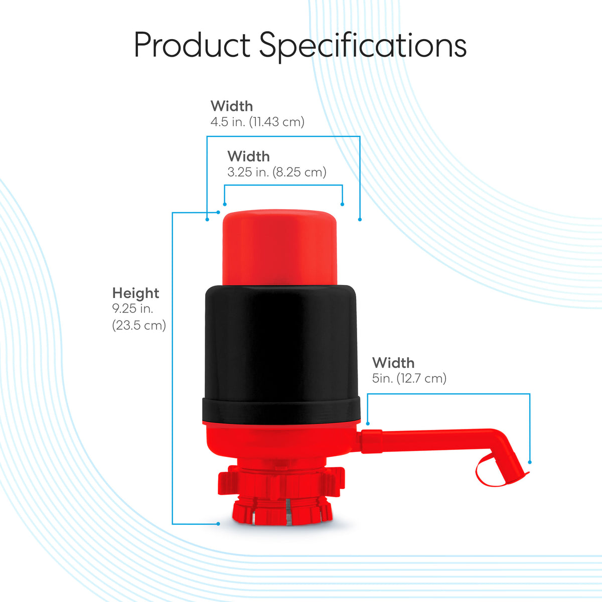 A product image shows the Manual Water Bottle Pump - Red & Black with a spout, labeled with dimensions: height 9.25 in (23.5 cm), top width 3.25 in, middle width 4.5 in, base width 5 in—BPA-free for 3- & 5-gallon water bottles.