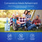 A family enjoys drinks outdoors near a tent, using the Manual Water Bottle Pump - Grey & Blue with a BPA-free 5-gallon bottle. Icons show it's battery-free, tool-free, and made from food-grade materials.