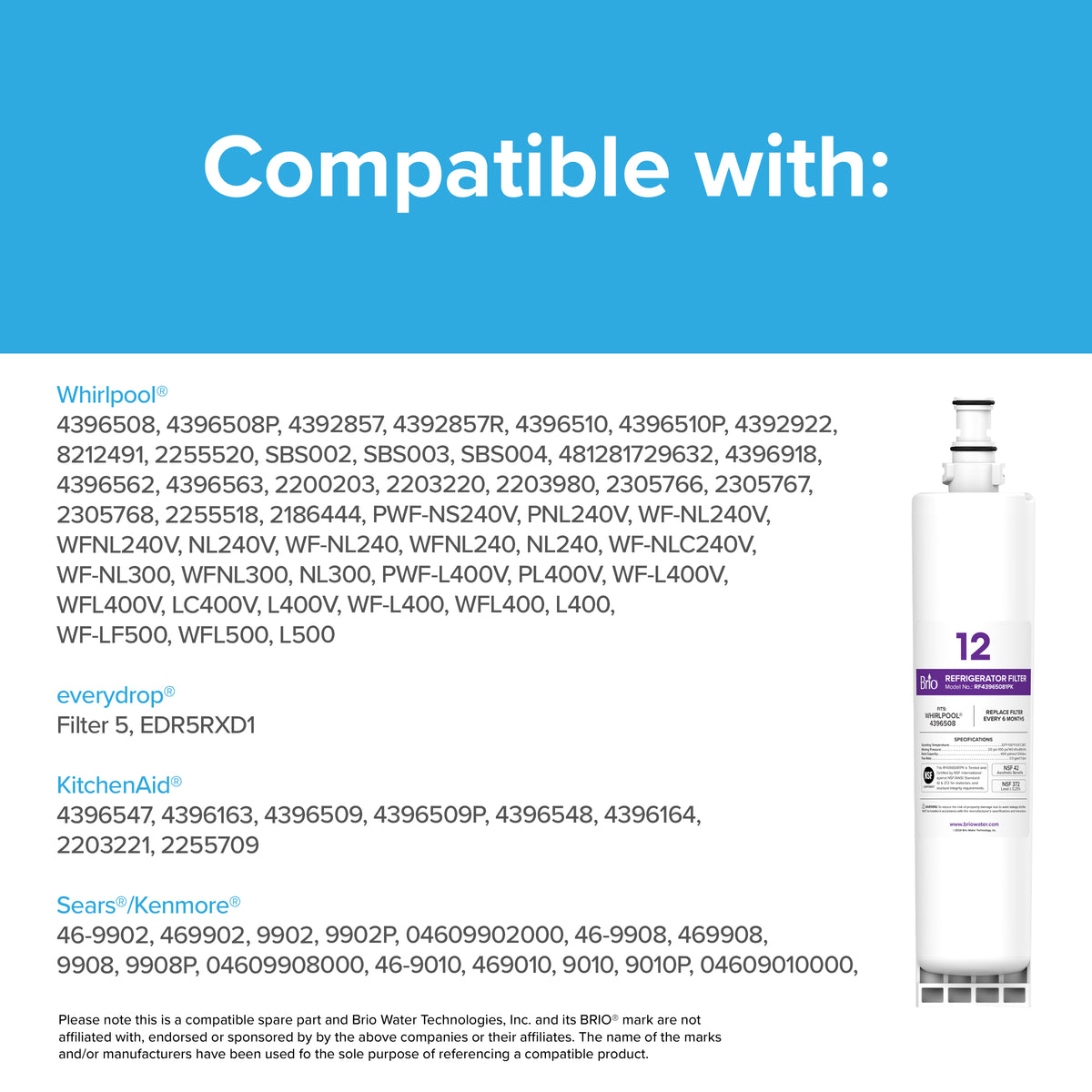 The 43965081 Refrigerator Filter features NSF-certified coconut shell carbon block for cleaner water and fits Whirlpool® 4396508, KitchenAid® 4396547 models, shown on a white and blue background.