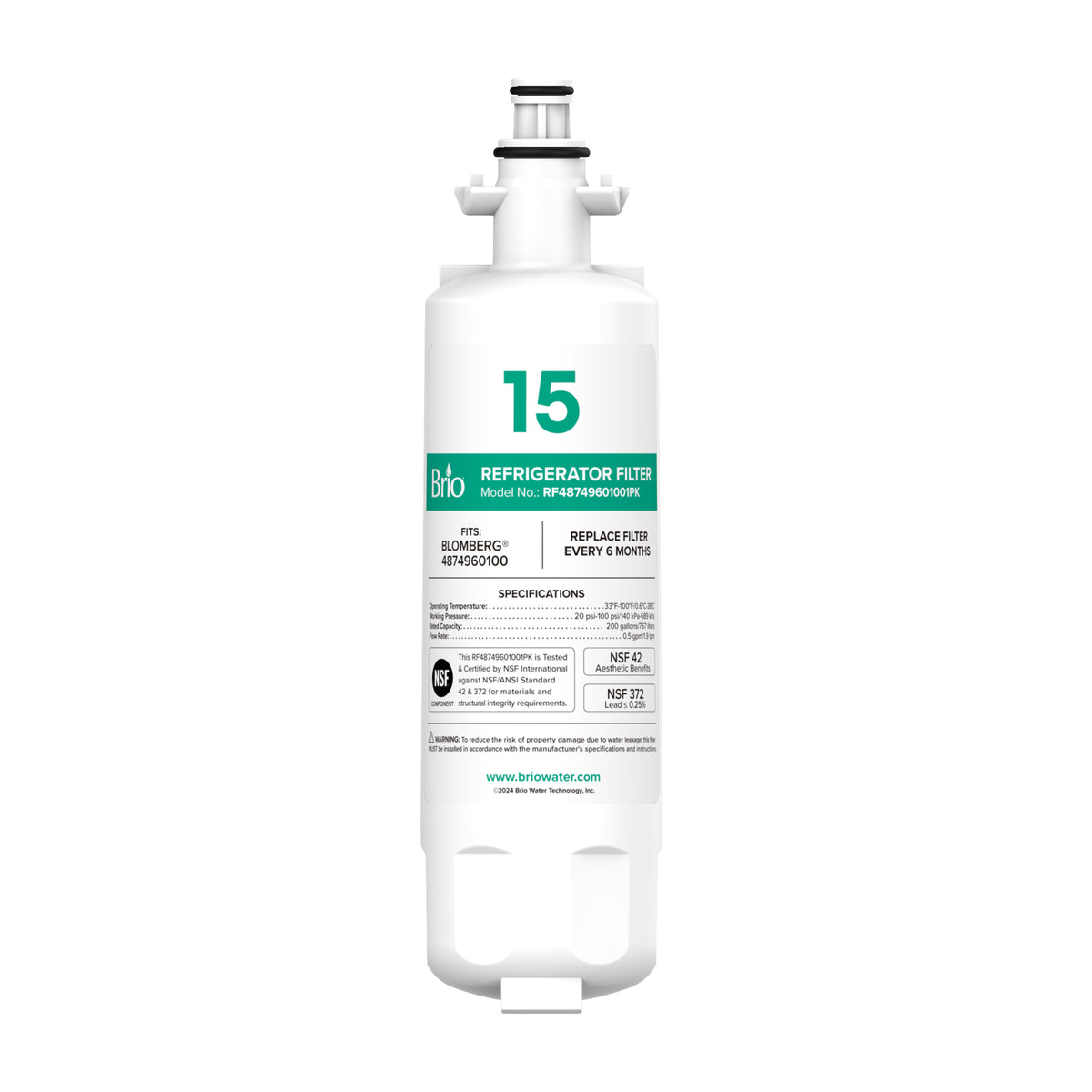 A white Refrigerator Filter – Blomberg® 4874960100, Grundig® 487960000 (1 Pack) with green and black labeling stands upright on a white background. This NSF-certified coconut shell carbon filter should be replaced every 6 months.