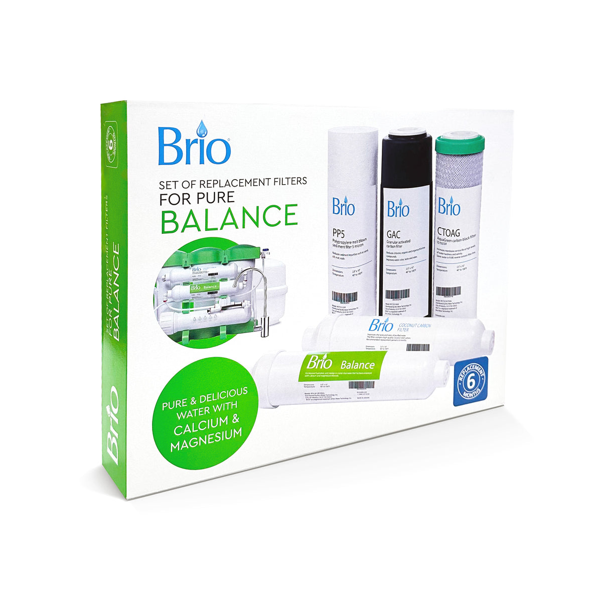 PURE Balance Replacement Filter Kit for URO6PURBAL: Box shows 5 carbon block and sediment filter cartridges plus filtration system, highlights calcium and magnesium benefits, and provides a 6-month supply of pure, great-tasting water.