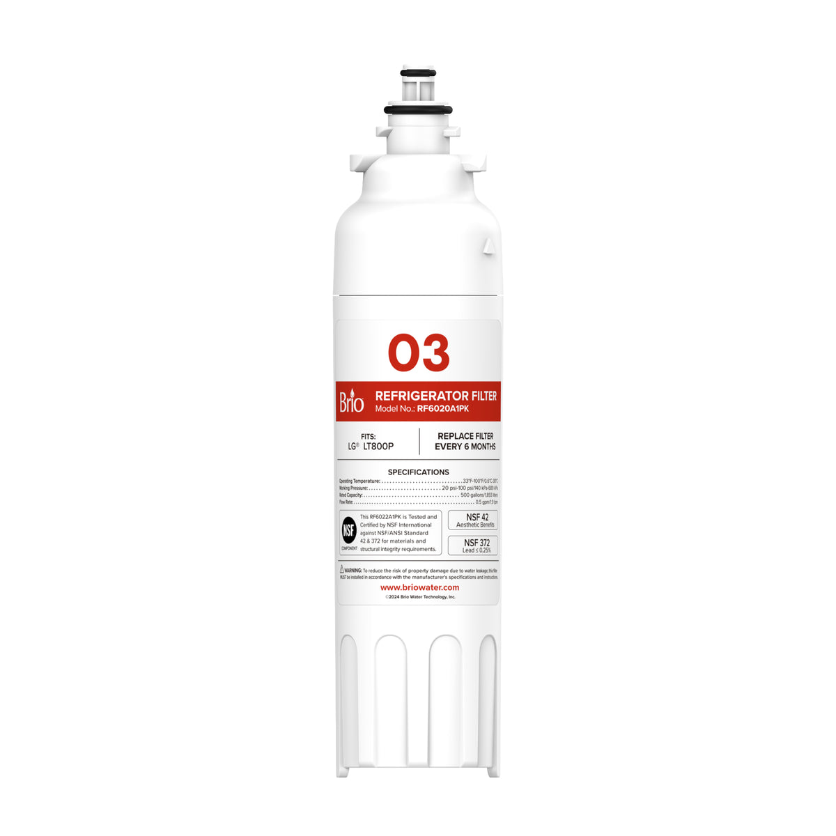 6020A Refrigerator Filter—NSF-certified and labeled 03, featuring detailed specifications and replacement instructions—standing upright on a plain white background; compatible with LG LT800P, ADQ73613401, Kenmore 9490, 46-9490, and ADQ73613402 models.