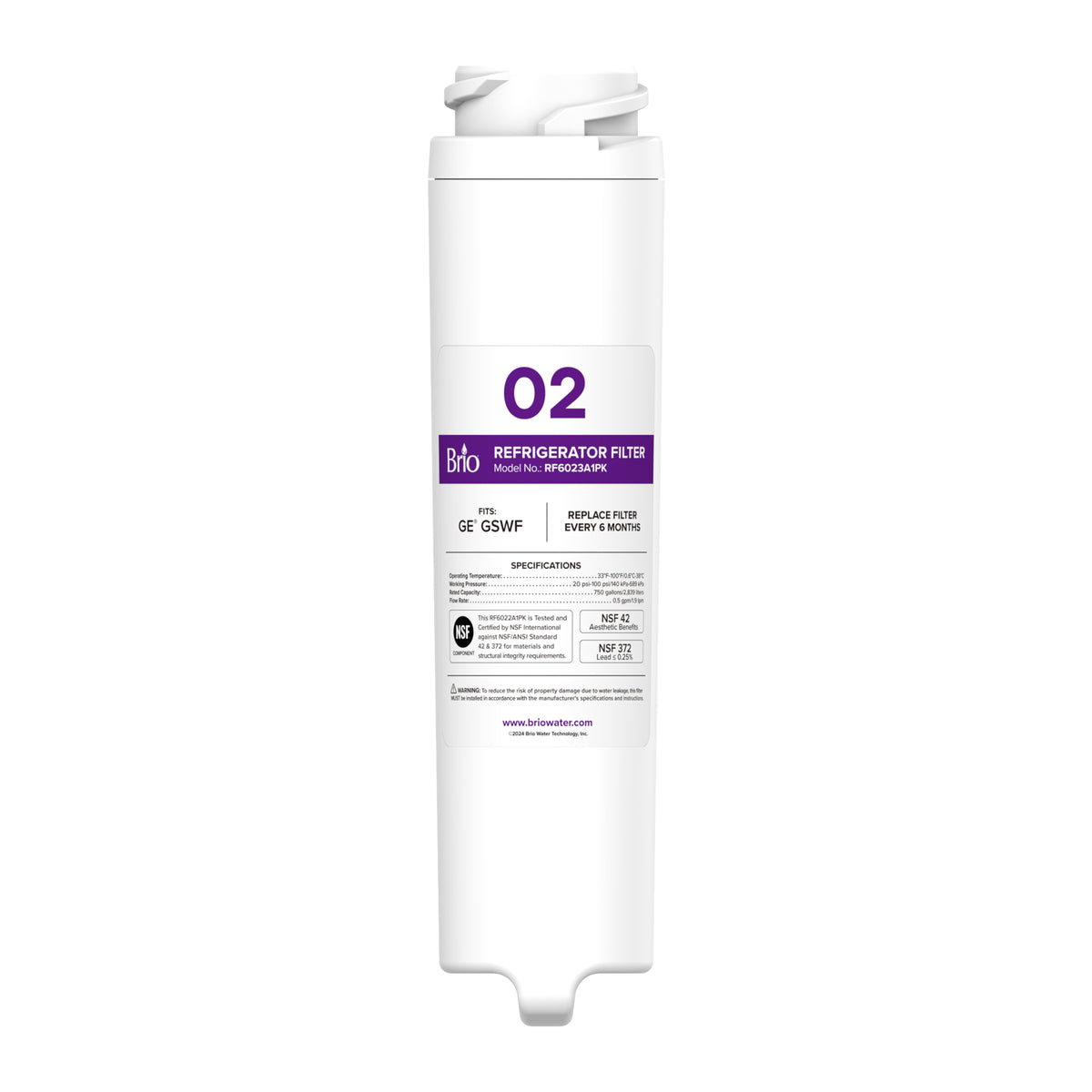 The white Brio 6023A refrigerator filter, NSF-certified and compatible with GE GSWF, features a purple O2 label and a coconut shell carbon block with caps and nozzles at each end.