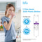 A woman drinks water in a kitchen. Text notes the NSF-certified 6023A Refrigerator Filter saves 3,200 bottles, lasts 6 months or 750 gallons, and uses a coconut shell carbon block for fresh taste. Fits GE GSWF and compatible models.