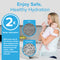 A woman holds a baby while drinking water. Text highlights that Brio filters, like the 6026A Refrigerator Filter (BOSCH 640565, AP3961137), provide 2x better adsorption than competitors, with close-ups comparing granular filter structures.