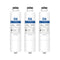 Three identical Brio 6027A refrigerator filters (3-pack), compatible with Samsung DA29-00020B and others, stand upright in a row against a plain white background. Each filter features coconut shell carbon block and NSF certification on the front label.