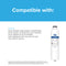The right side shows a 6027A Refrigerator Filters (3-Pack) for Samsung DA29-00020B, DA29-0D020A, CA:29000:20A, DA29-000taA models. NSF-certified coconut shell carbon block filtration; “Compatible with:” is above a list of model numbers on blue and white background.