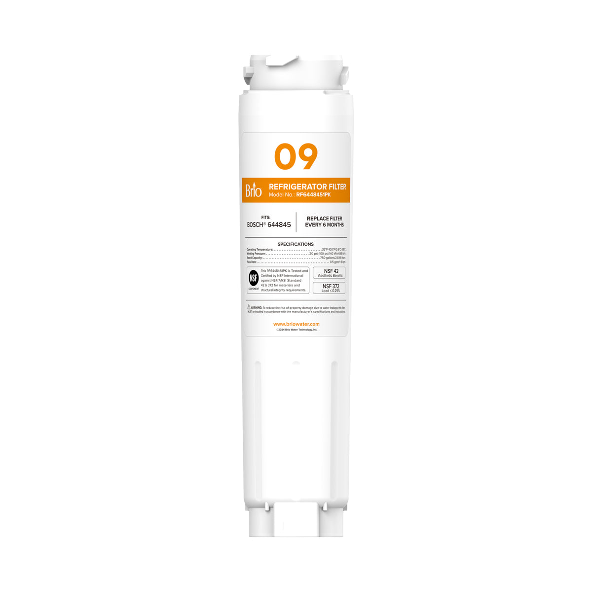 A white, NSF-certified 644845 Refrigerator Filter compatible with Bosch 644845, Haier 0060218743, and Miele KWF1000 models, labeled “09” with orange text and branding. The filter features advanced coconut carbon block filtration technology and displays installation instructions and specifications on the front.