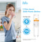 A woman drinks water in a kitchen. Text reads: One 644845 Refrigerator Filter (Bosch 644845, Haier 0060218743, Miele KWF1000) saves 3,200 plastic bottles. Each NSF-certified coconut carbon block filter lasts up to 6 months or 750 gallons. An image of the refrigerator water filter is shown.