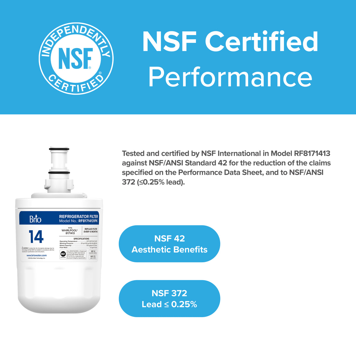 Image of the 8171413 Refrigerator Filter – Whirlpool® 8171413, KitchenAid® 8171788, with coconut shell carbon block and badges for NSF-certified performance, NSF 42 Aesthetic Benefits, NSF 372 Lead <0.25%, certification details, and NSF logo.