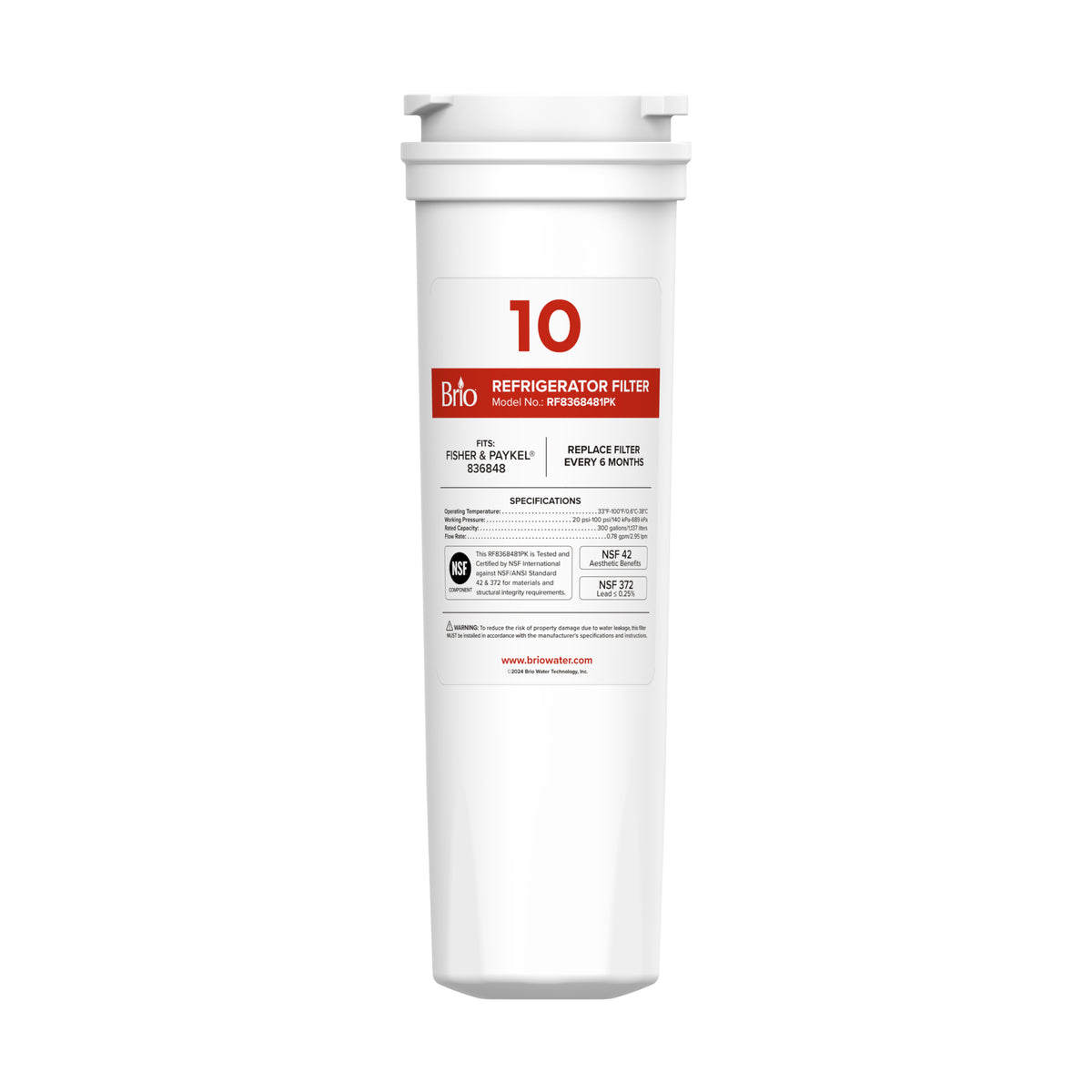 A white 836848 Refrigerator Filter compatible with Fisher & Paykel® 836848 and Amana® 8171788 features product specs on the front, a red "10" at the top, and uses a coconut shell carbon block for advanced filtration.