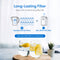 Infographic: 13 standard pitcher filters equal 1 SIMPL PAC 2-in-1 Composite Filter, which lasts for 528 gallons or 12 months. Two glasses of lemon water sit on a table at the bottom.