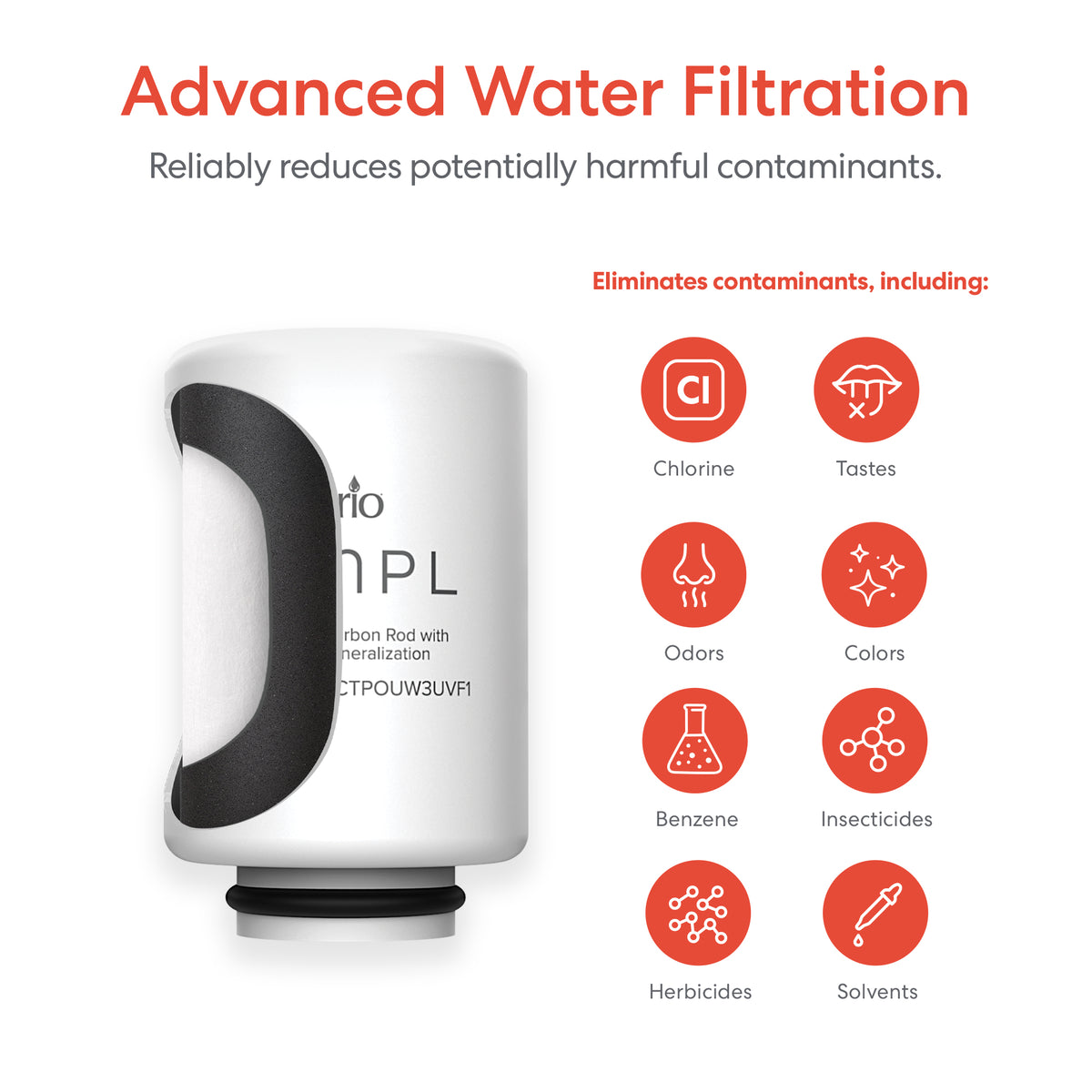 The SIMPL 2-in-1 Filter with Mineralization is shown, highlighting its carbon filter that reduces chlorine, tastes, odors, colors, benzene, insecticides, herbicides, and solvents. Icons illustrate these contaminant removal features.