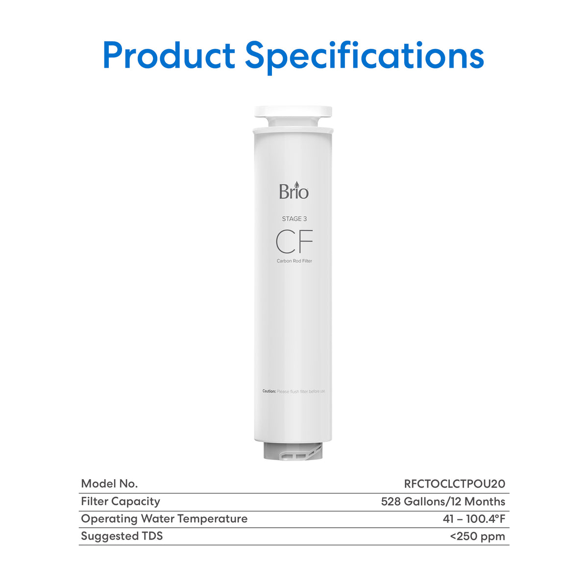 A Carbon Rod Filter - Q20 Dispenser is displayed above a table with product details, including model number RFCTOCLCTPOU20, a 528-gallon capacity, advanced filtration, and an operating temperature range of 41–100.4°F.