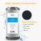 A Whole House 10" Carbon Block Filter is shown with text highlighting its 5-micron coconut shell carbon block, high porosity, robust casing, and high flow. Water splashes and a close-up of the filter’s texture are also visible.