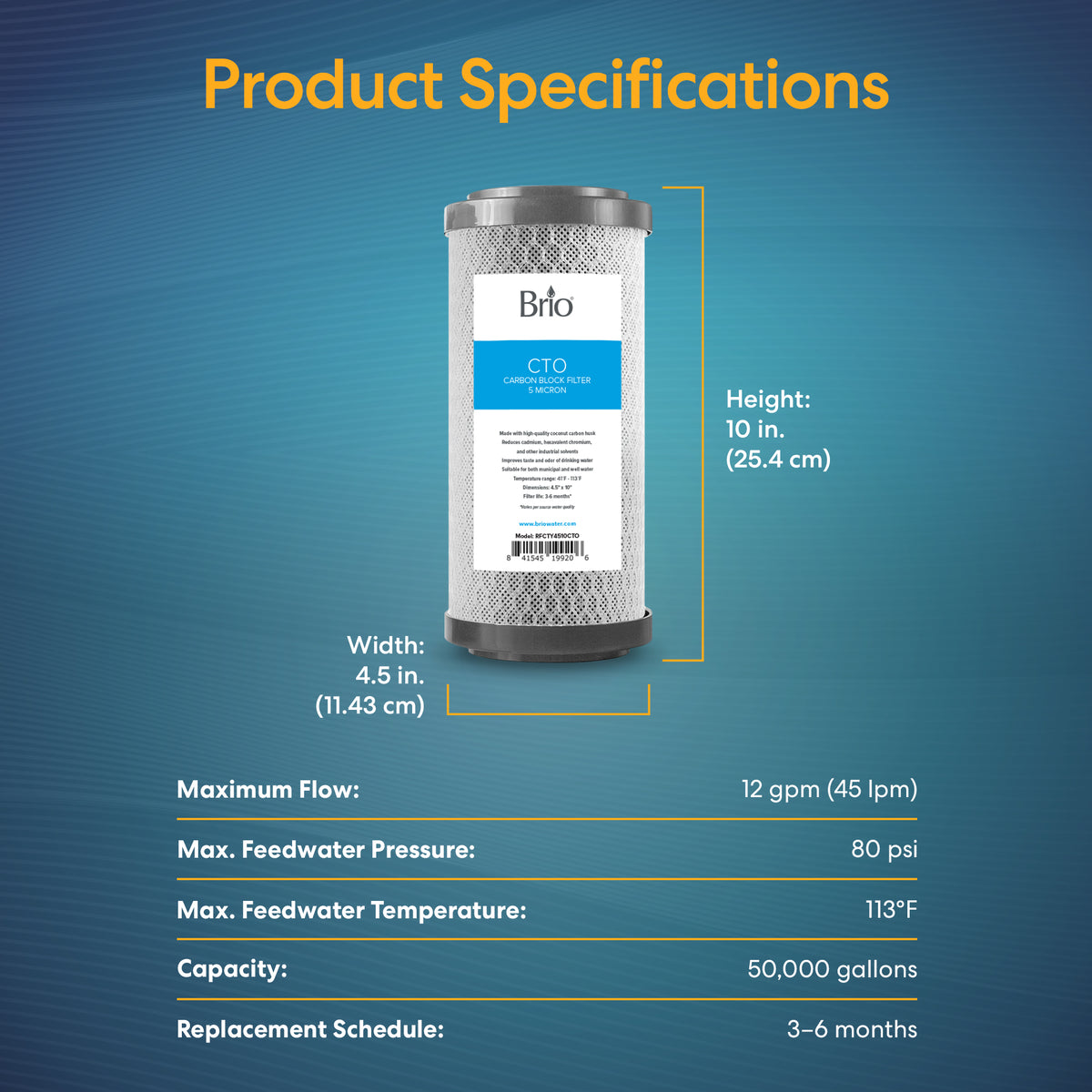 The Whole House 10" Carbon Block Filter features coconut shell carbon, measures 10"x4.5", supports a 12 gpm flow at 80 psi, max temp of 113°F, covers up to 50,000 gallons, and should be replaced every 3–6 months.