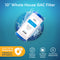A Whole House 10" Granular Activated Carbon Filter stands centered on a blue background with water splashes. Icons below show its 6-month/50,000-gallon lifespan, chlorine reduction, coconut carbon material, and easy replacement.