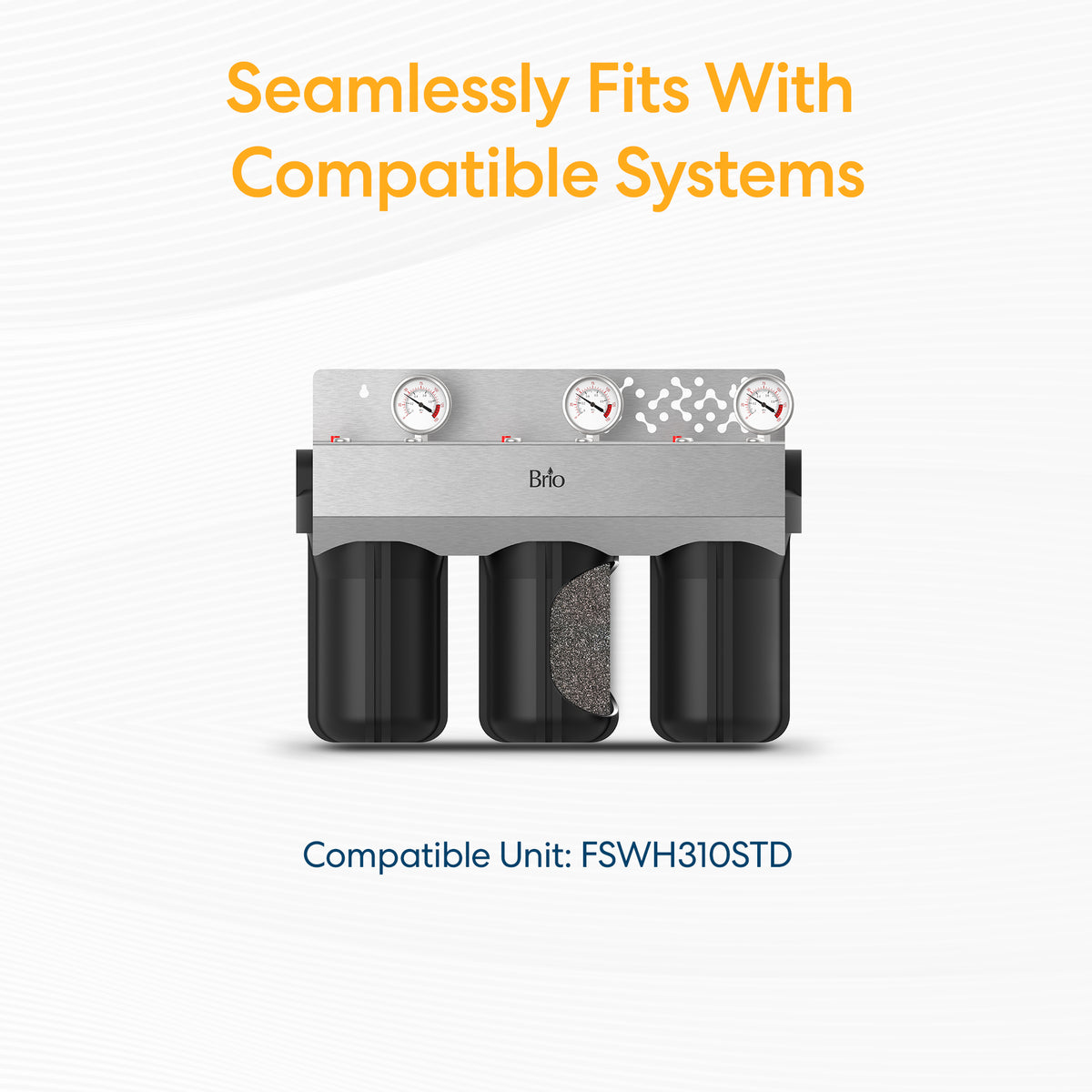The Whole House 10" Granular Activated Carbon Filter is a three-stage water filtration system with top gauges and three black filter housings. It fits compatible units like FSWH310STD to deliver effective whole house carbon filtration.