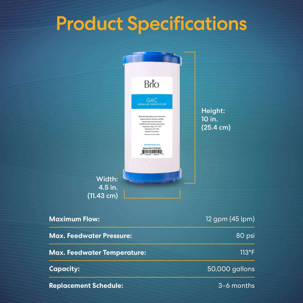 The Whole House 10" Granular Activated Carbon Filter is a cylindrical blue and white GAC water filter for whole house systems; 10" height, 4.5" width, max flow 12 gpm, pressure 80 psi, temp up to 113°F, capacity 50,000 gallons; replace every 3–6 months.
