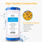 The Whole House 10" Iron & Manganese Filter cartridge is shown with highlighted features: iron and manganese reduction, high-capacity resin, tough casing, durable O-ring, and high flow. Blue water splashes and orange resin beads are also pictured.