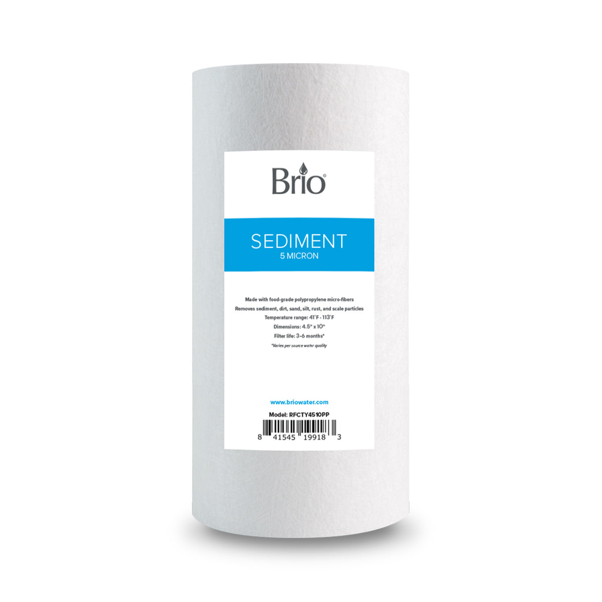 A Whole House 10" Sediment Filter, featuring a white 5-micron polypropylene cartridge with a blue and white SEDIMENT 5 MICRON label, stands upright against a plain white background.