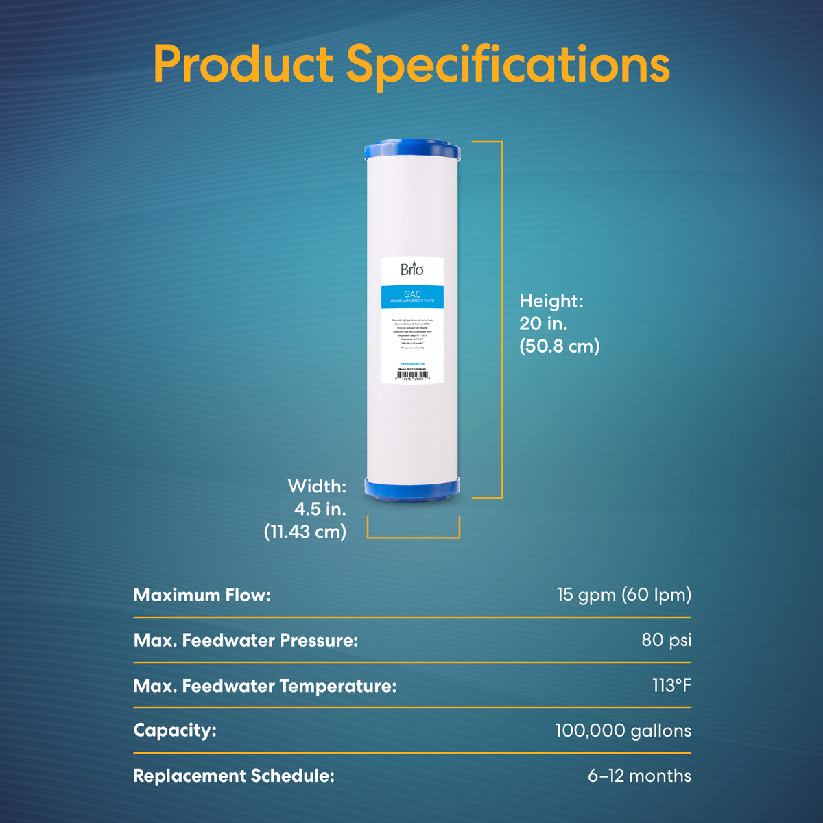 The Whole House 20" GAC Filter is a cylindrical cartridge with blue ends, using granular activated carbon. Dimensions: 20 in. (50.8 cm) height, 4.5 in. (11.43 cm) width. Specs cover max flow, pressure, temperature, capacity, and replacement schedule.