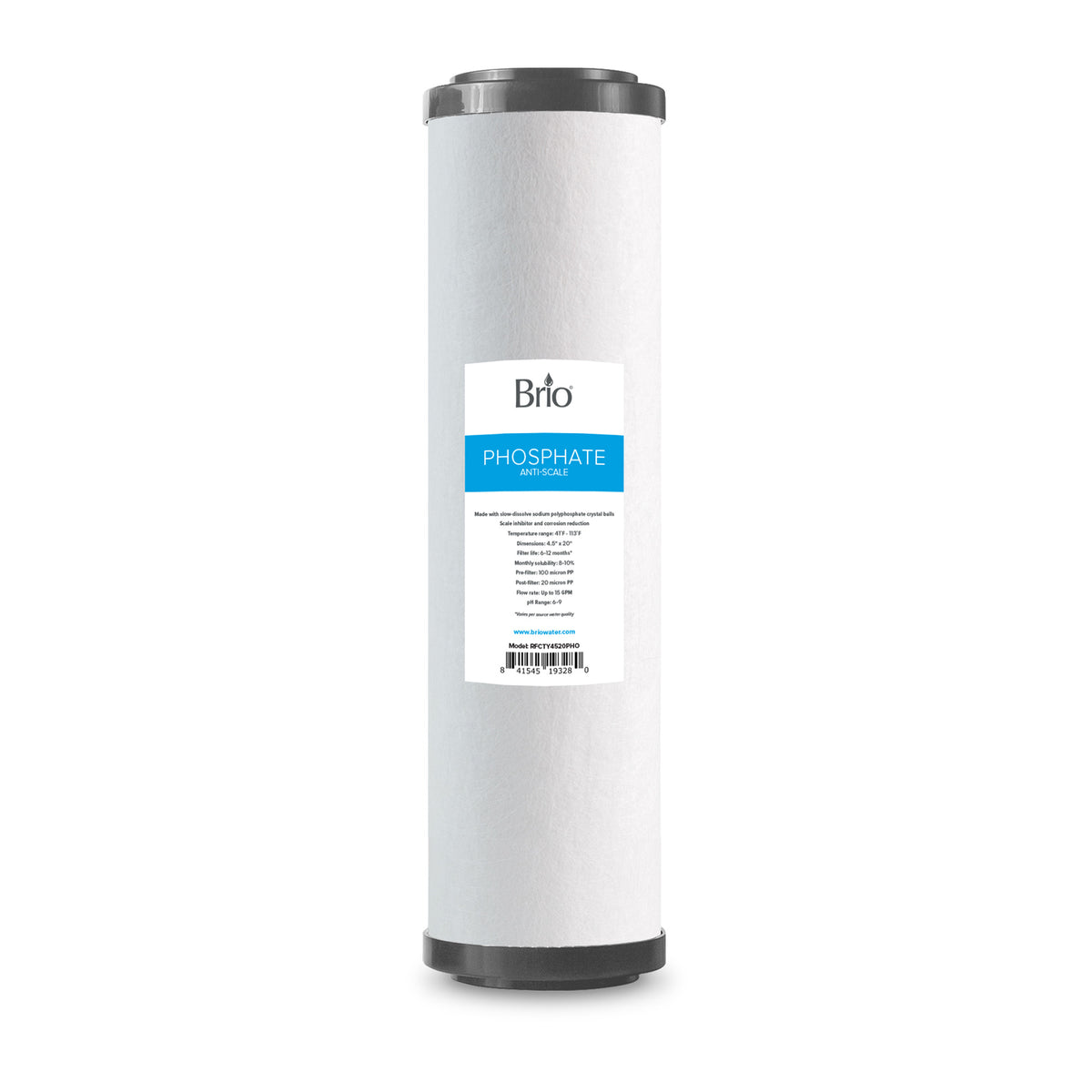 The Whole House 20" Anti-Scale Filter is a cylindrical water filter cartridge with black end caps, a white body, and a blue and white front label showing product details for whole house anti-scale protection.