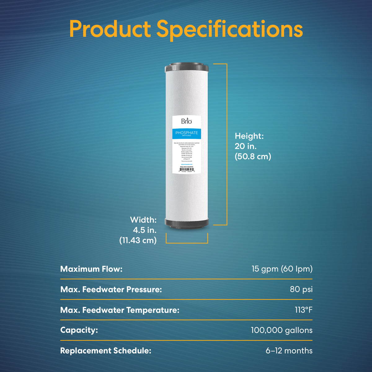 The Whole House 20" Anti-Scale Filter is a cylindrical cartridge (20" x 4.5") for whole house systems, providing scale protection with max flow of 15 gpm, 80 psi pressure, and a 100,000-gallon capacity—replace every 6–12 months.
