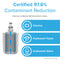 Infographic of the DA2900003G Refrigerator Filter – Samsung® DA29-00003G with "Certified 97.6% Contaminant Reduction." Icons show reduced chlorine, bad taste, and odor. NSF-certified to international standards.