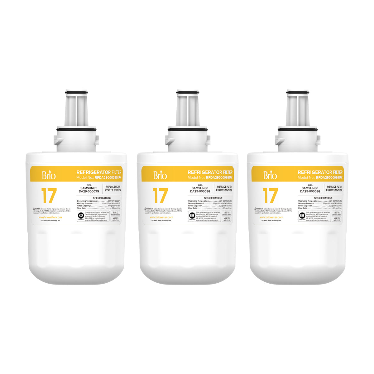 Three DA2900003G Refrigerator Filters (3-Pack) – Samsung® DA29-00003G with yellow labels and black and white text are shown side by side against a white background.
