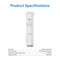 A 2-in-1 PAC Filter - Q20 Dispenser is displayed vertically above a table showing its model number, filter capacity, operating temperature, and suggested TDS, all under the heading Product Specifications.