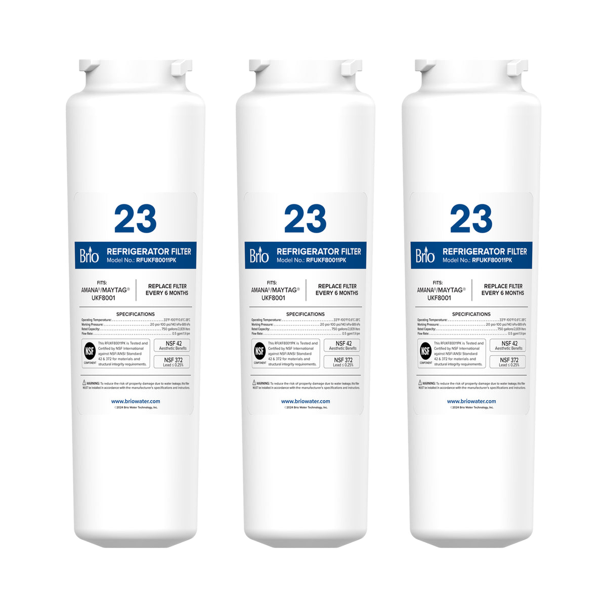 Three white NSF-certified UKF8001 Refrigerator Filters (3-Pack) for Amana® Maytag® stand upright in a row, each featuring blue and white instructions on the front and a coconut shell carbon block for effective filtration.