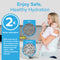 A woman holds a sleeping baby and drinks water, with text highlighting the WF1CB Refrigerator Filter’s NSF-certified coconut shell carbon filtration. Images show its 2x better adsorption and finer pores vs competitor filters.