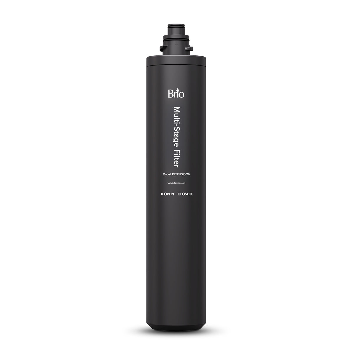 A cylindrical black 16" High Capacity All-in-One Under Sink Replacement Filter stands upright on a white background, with labeled instructions for opening and closing near the bottom. Designed as a multi-stage water filter, this cartridge is ideal for use in an undersink filtration system.