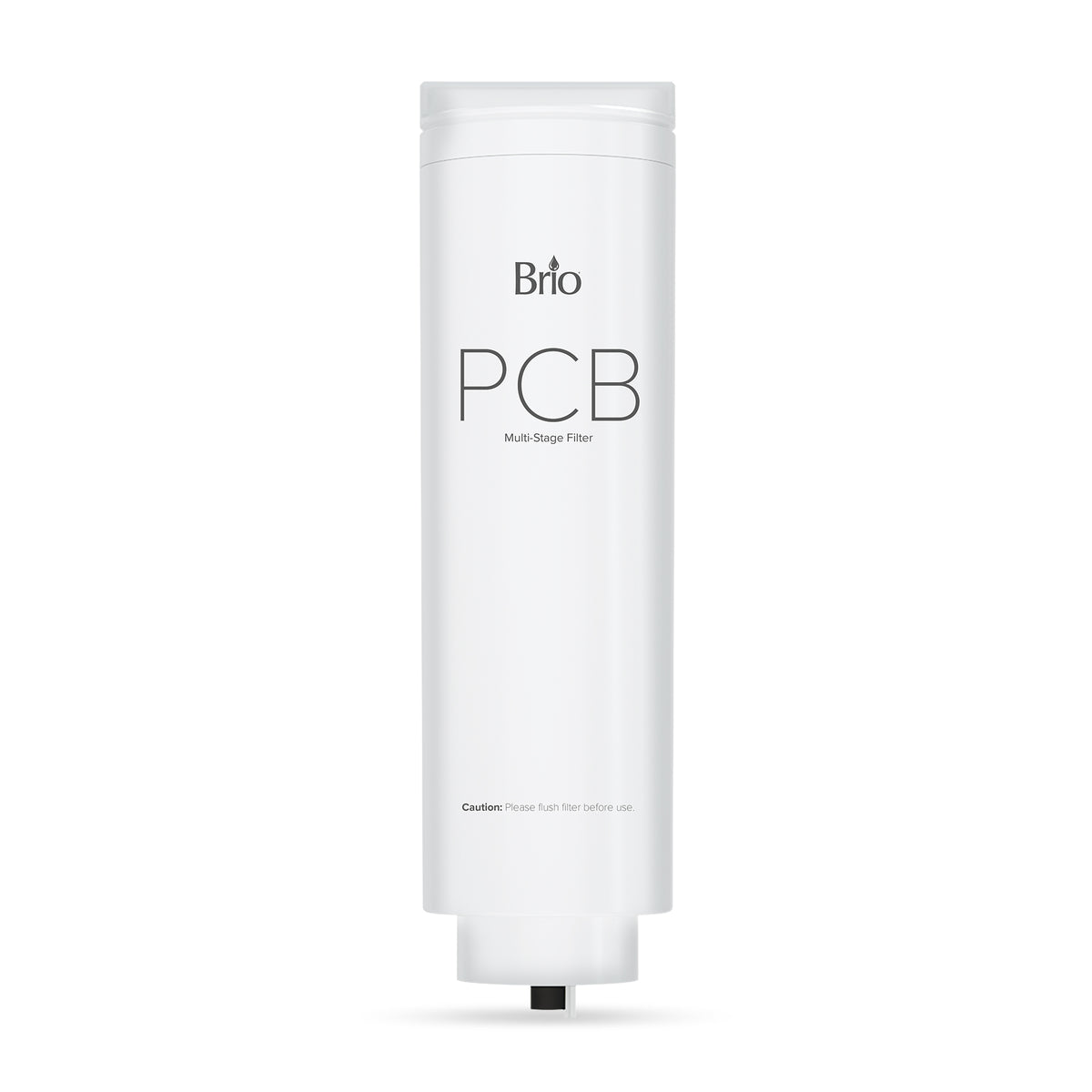 A white cylindrical PCB 3-Stage Filter - TROE1200COL Model stands upright with a bottom nozzle, designed for fast flow and effective chlorine reduction.