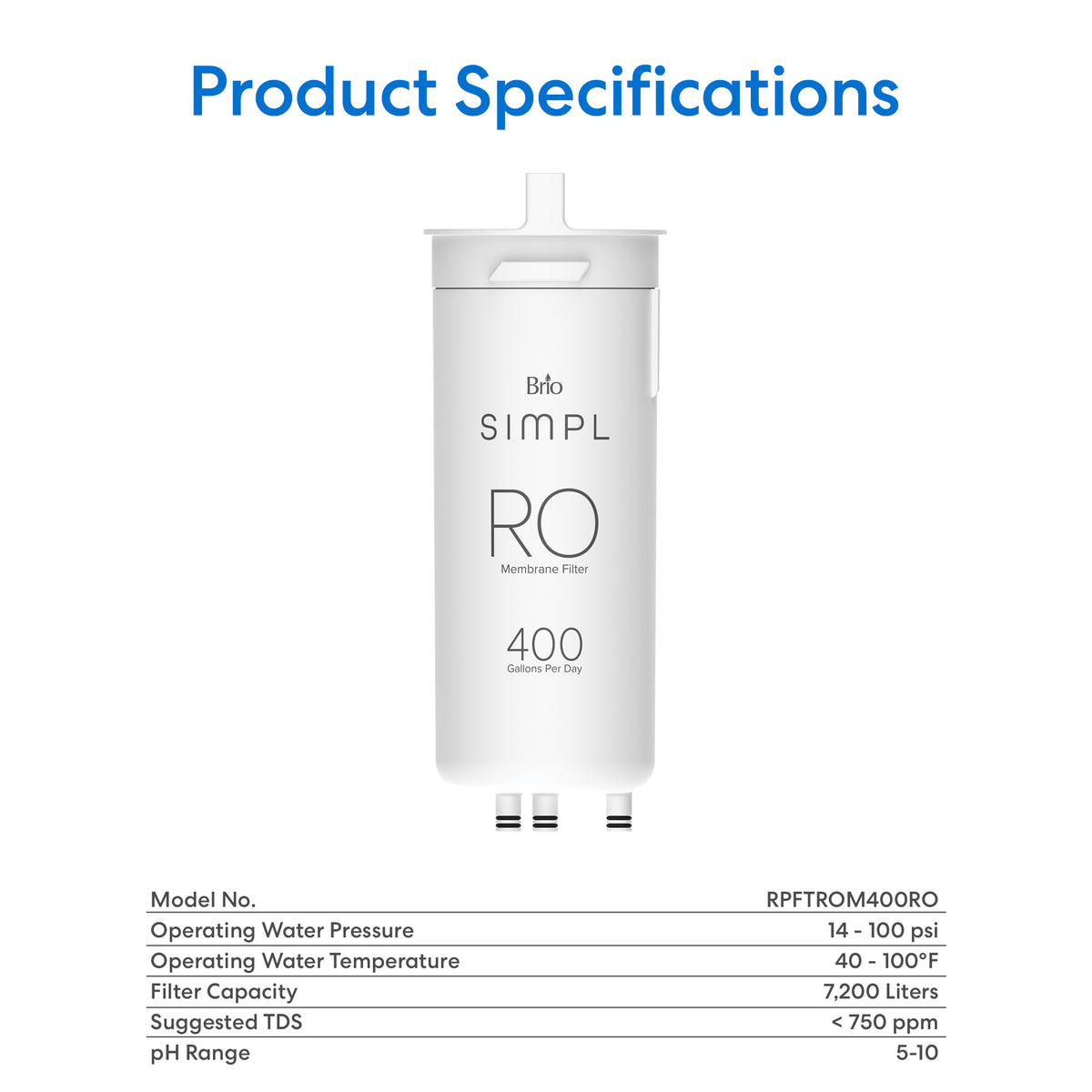 A white cylindrical SIMPL Reverse Osmosis Membrane 400GPD - TROM400STD is shown above a table listing specs: Model RPTFROM400RO, 14-100 psi pressure, 40-100°F temp, 7,200L capacity, and pH range 5-10.