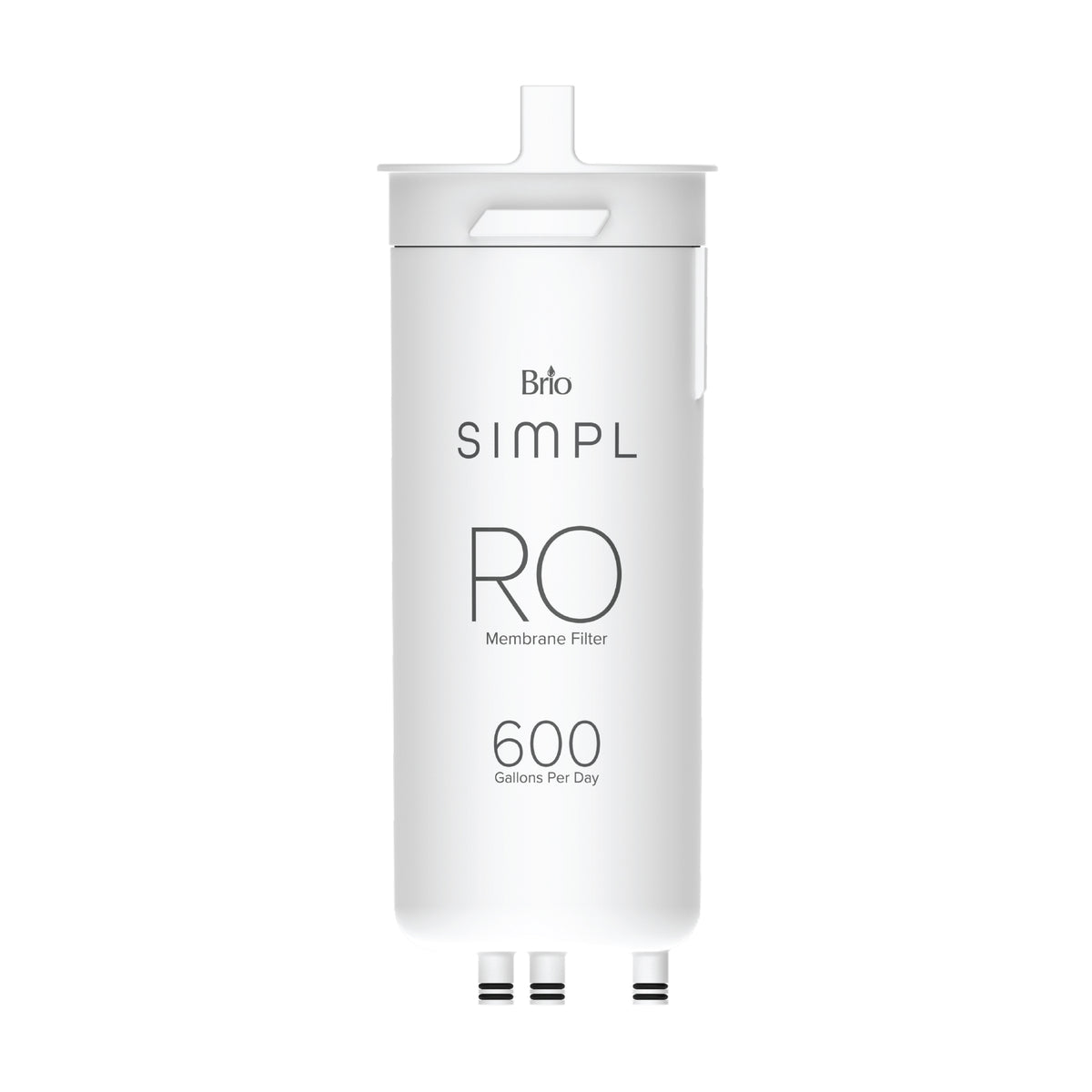 A white cylindrical SIMPL Reverse Osmosis Membrane 600GPD - TROM600STD for water purification features three bottom ports and a top handle.