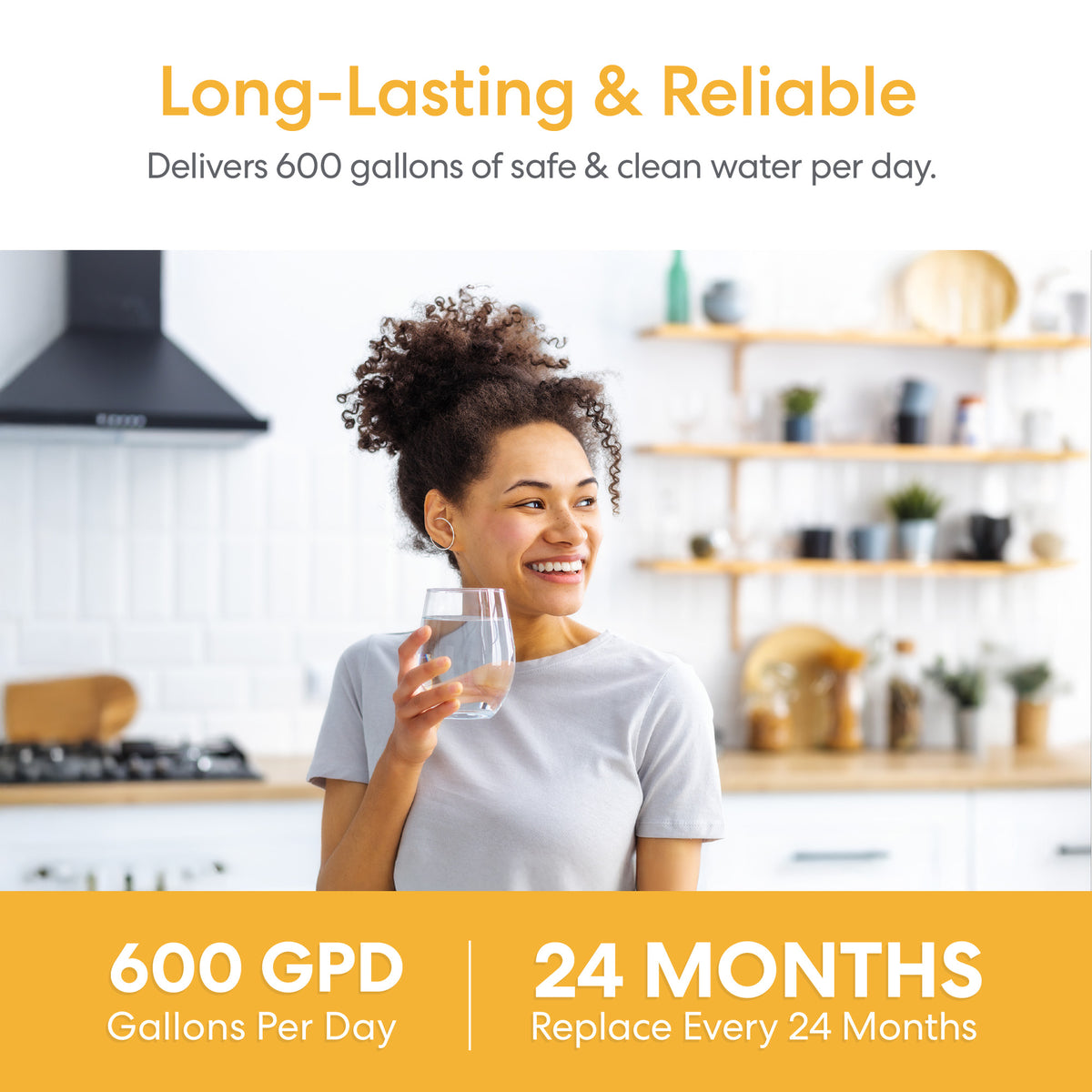 A smiling woman stands in a bright kitchen holding a glass of water. Text above reads, “SIMPL Reverse Osmosis Membrane 600GPD - TROM600STD delivers 600 gallons of purified water per day.” Below, icons state “600GPD” and “Replace Every 24 Months.”.