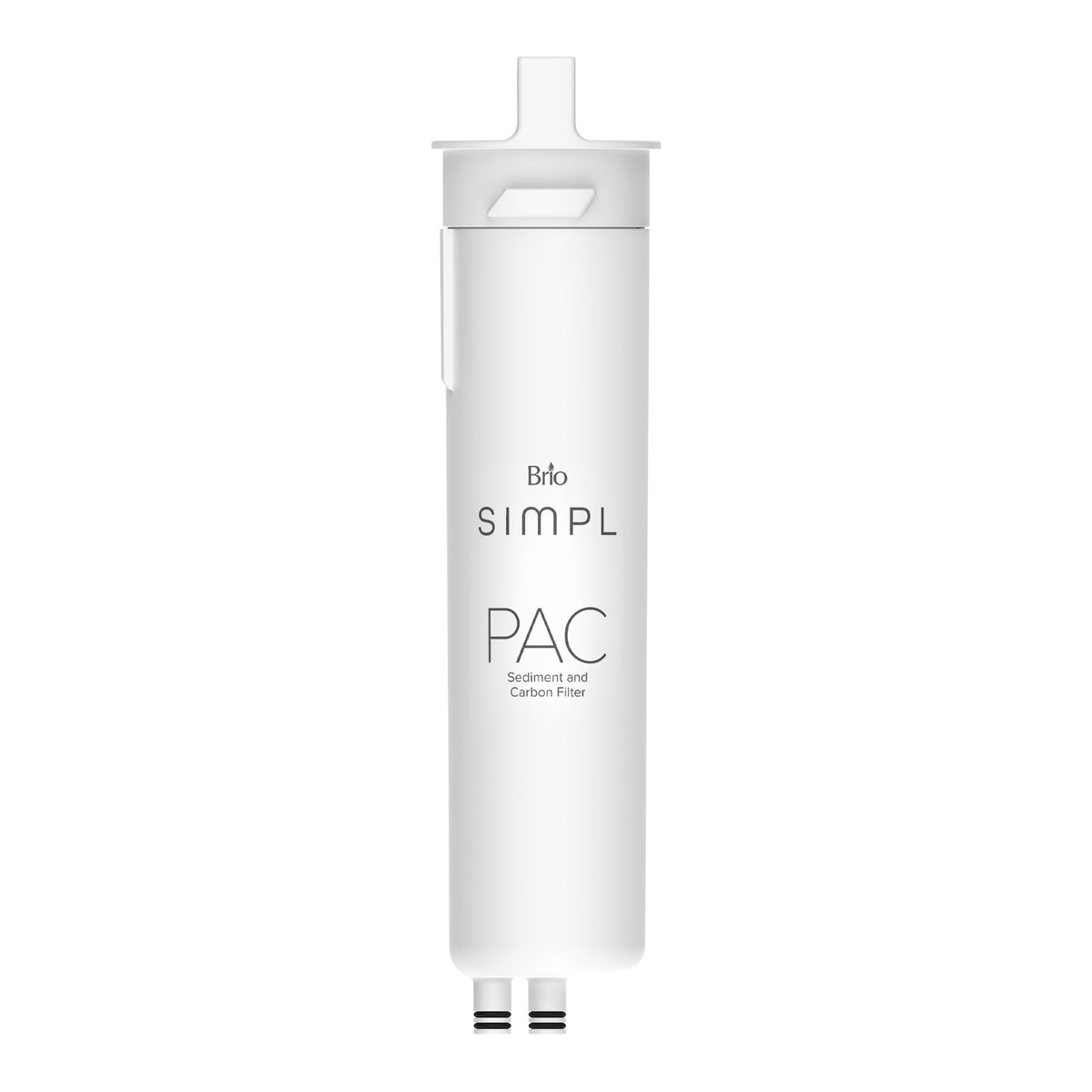 A white cylindrical SIMPL PAC Sediment Filter (TROM600STD, TROM800STD) is shown vertically with two metal connectors at the bottom and a plastic cap on top, designed for efficient sediment removal.