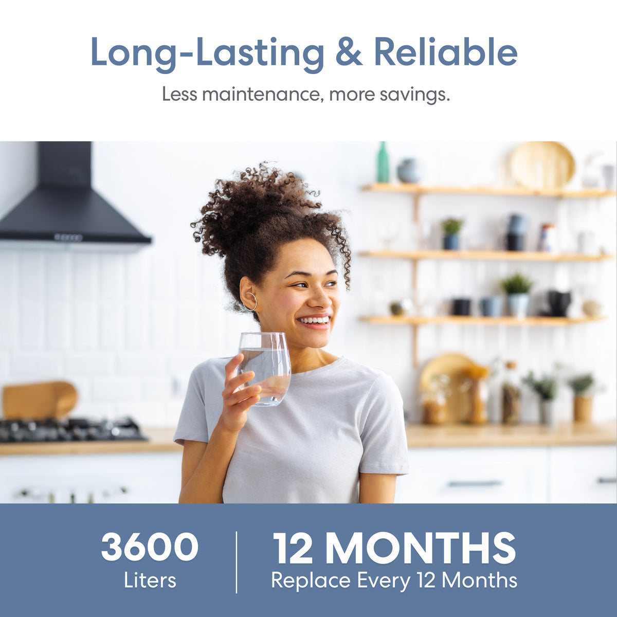A smiling woman holds a glass of water in a modern kitchen, showcasing the SIMPL PAC Sediment Filter – TROM600STD, TROM800STD, which removes VOCs, filters 3600 liters, and needs replacement only once every 12 months.