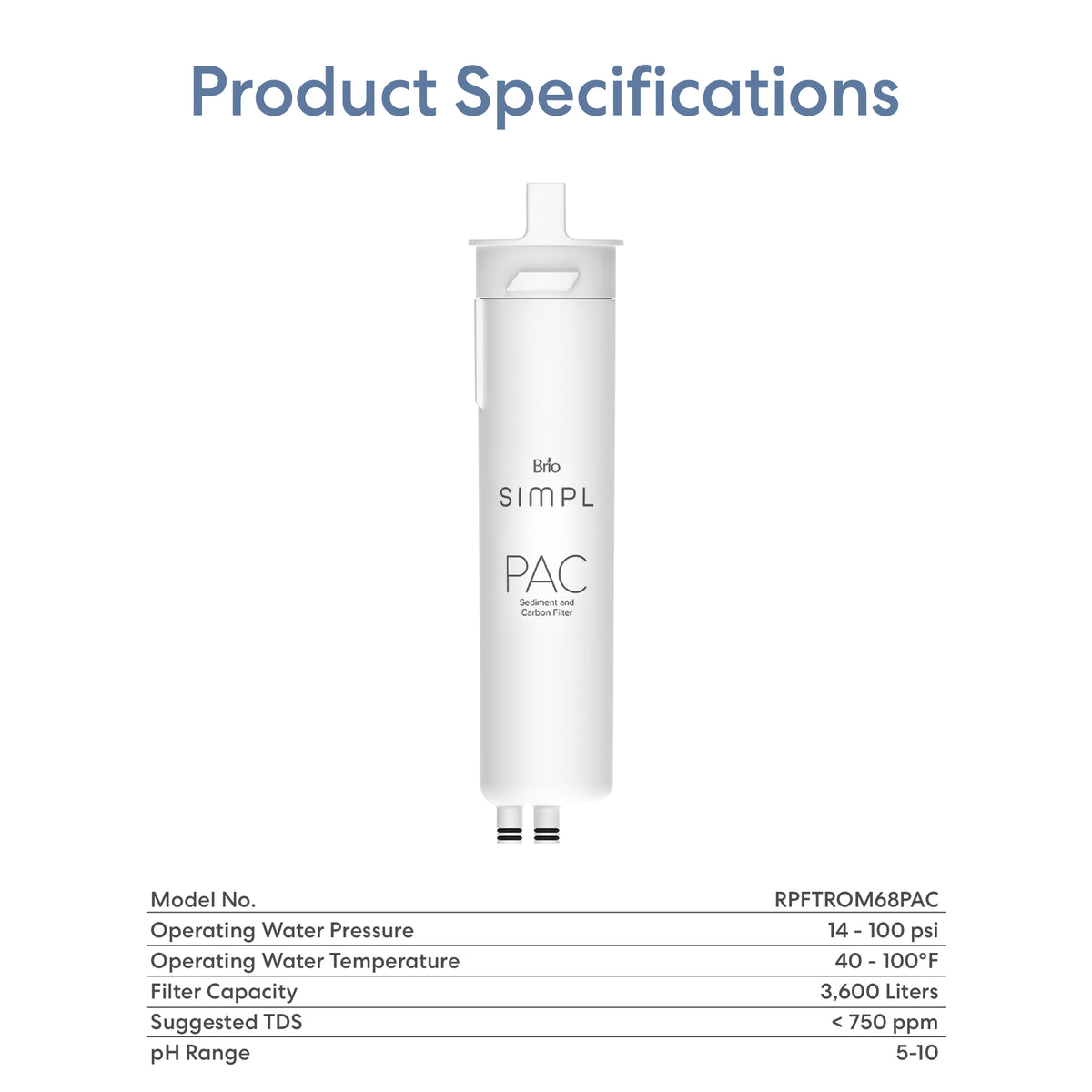 A white cylindrical SIMPL PAC Sediment Filter - TROM600STD, TROM800STD is shown above a table listing specs such as pressure, temperature, capacity, TDS, pH range, and VOC removal under the heading "Product Specifications.