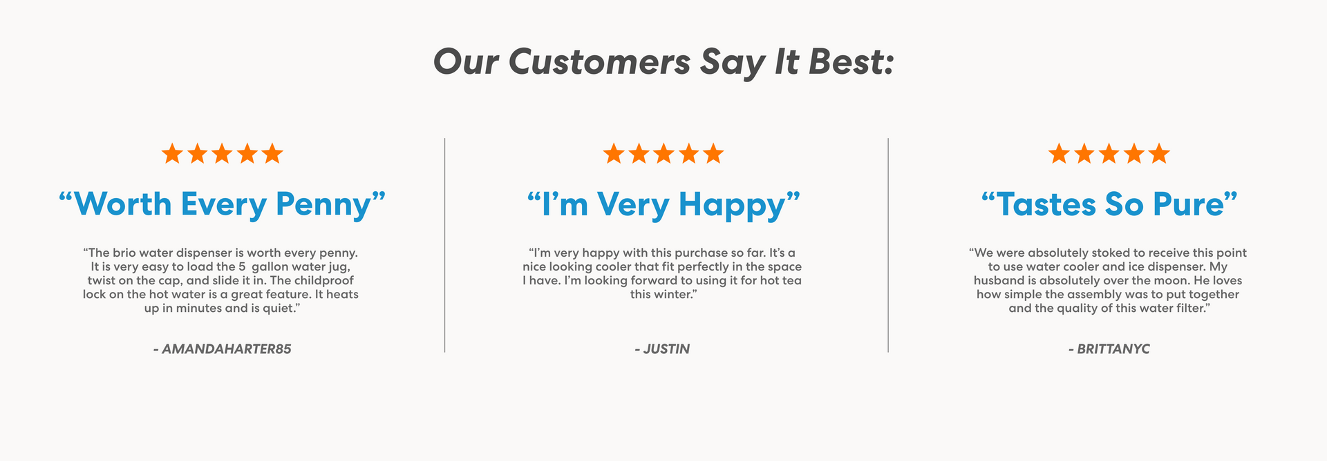 Customer testimonials section titled 'Our Customers Say It Best' featuring three 5-star reviews. First review by AMANDAHARTER85 titled 'Worth Every Penny' praises the Brio water dispenser's ease of loading, childproof hot water lock, quick heating, and quiet operation. Second review by JUSTIN titled 'I’m Very Happy' highlights the cooler’s appearance, perfect fit, and usefulness for hot tea in winter. Third review by BRITTANYC titled 'Tastes So Pure' expresses excitement over the water cooler.