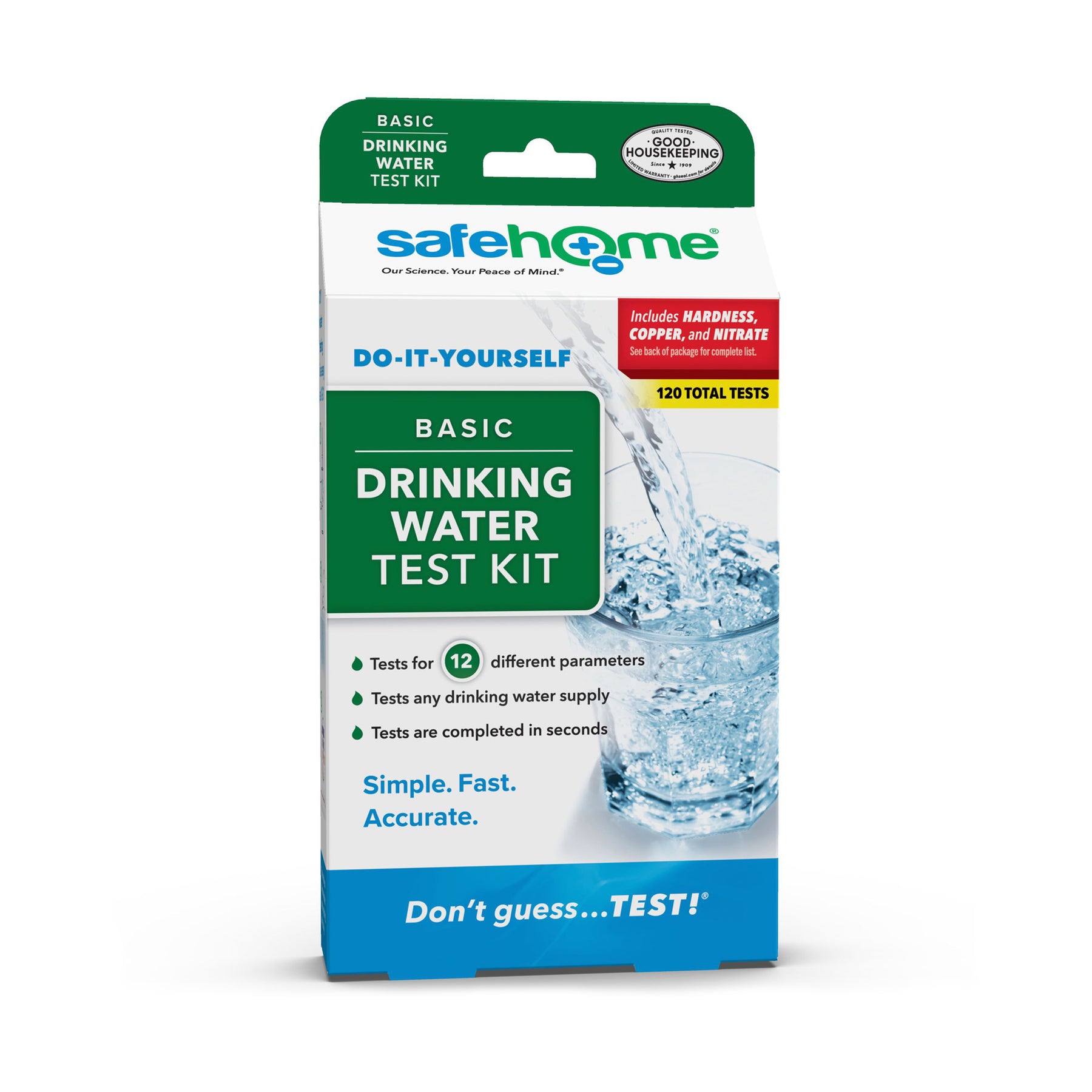 Front view of the Safe Home Basic 120 Water Quality Test Kit box in blue, green, and white, showing a glass of water being filled. Features text for 120 total tests covering 12 parameters—ideal for DIY water testing.