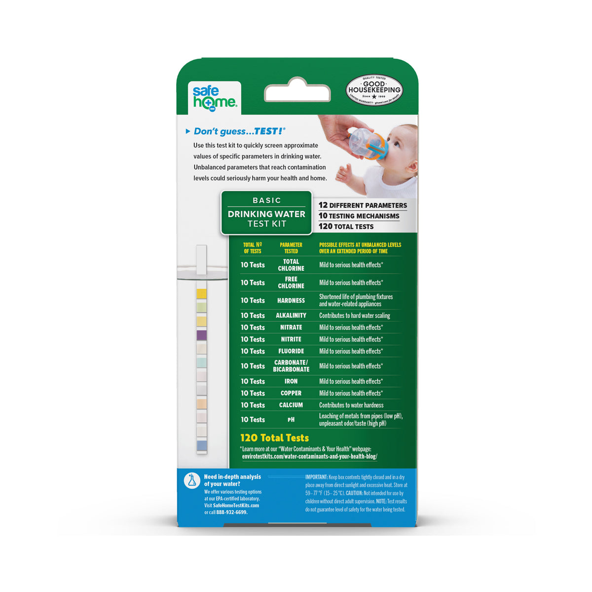 Back of a Safe Home Basic 120 Water Quality Test Kit shows 12 water parameters tested—including lead, bacteria, and chlorine—with a color test strip and DIY instructions for easy home water quality testing.