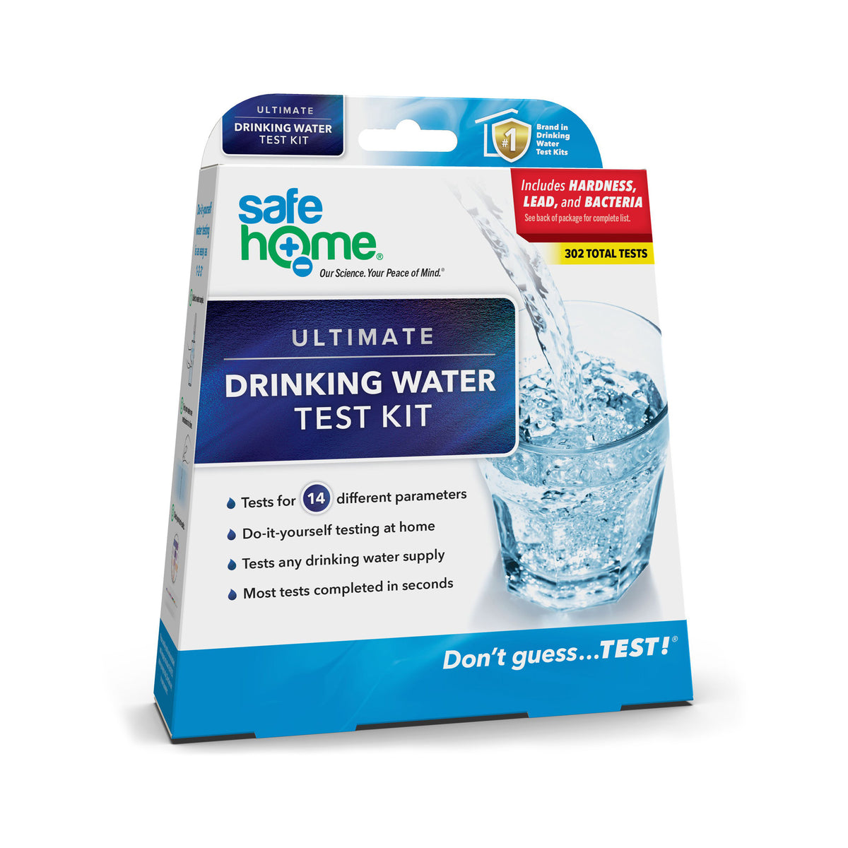 A blue and white box containing the Safe Home Ultimate Water Quality Test Kit, perfect for testing your water quality.