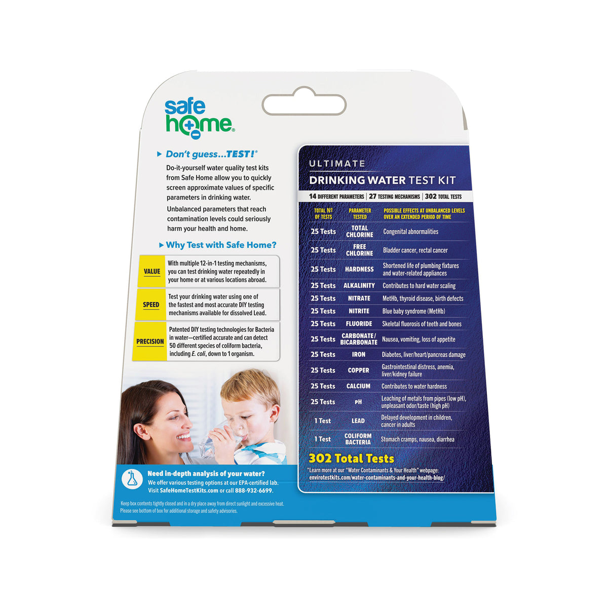 Back of a Safe Home Ultimate Water Quality Test Kit box, showing 14 test types like lead and coliform bacteria, 302 total tests, and a photo of a woman and child. Text highlights the kit’s value, speed, and precision in water quality testing.