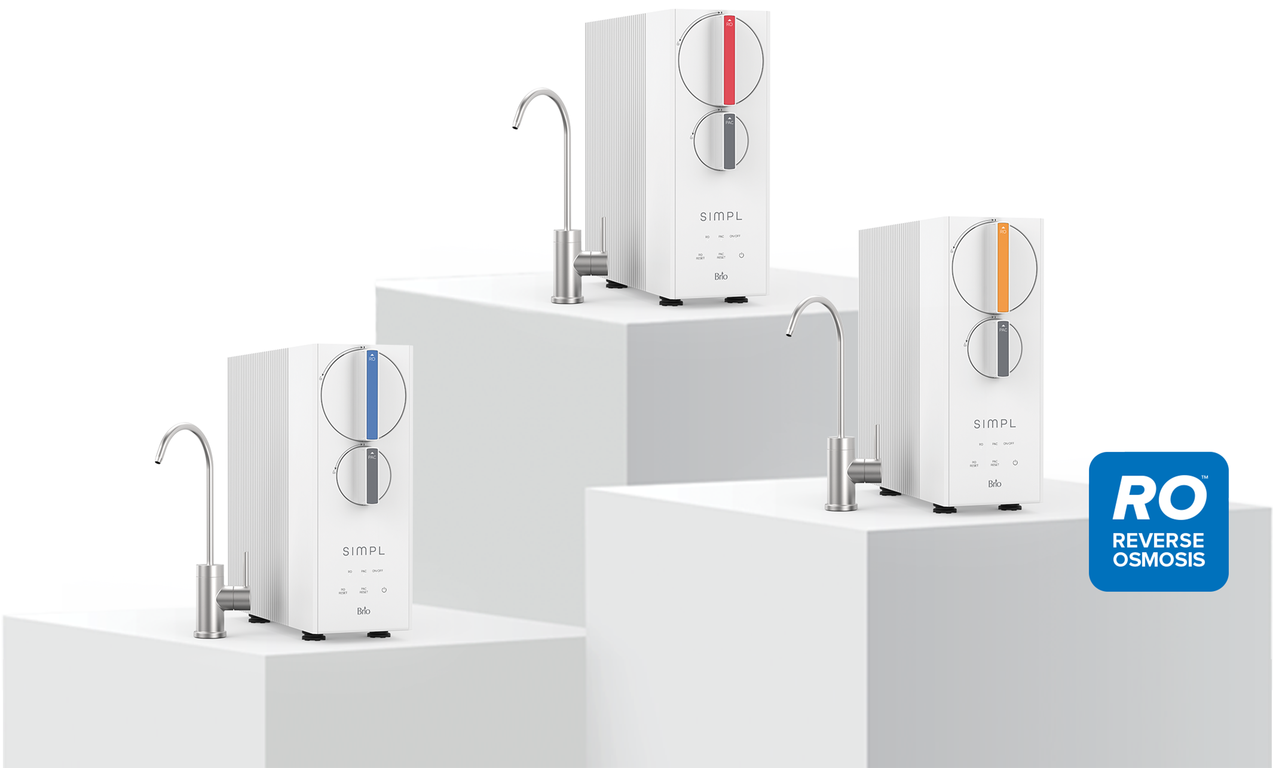 Three white Brio SIMPL reverse osmosis water filtration units displayed on white platforms, each with a sleek faucet attached and colored dials in blue, red, and orange. A blue "RO Reverse Osmosis" label is shown on the right.