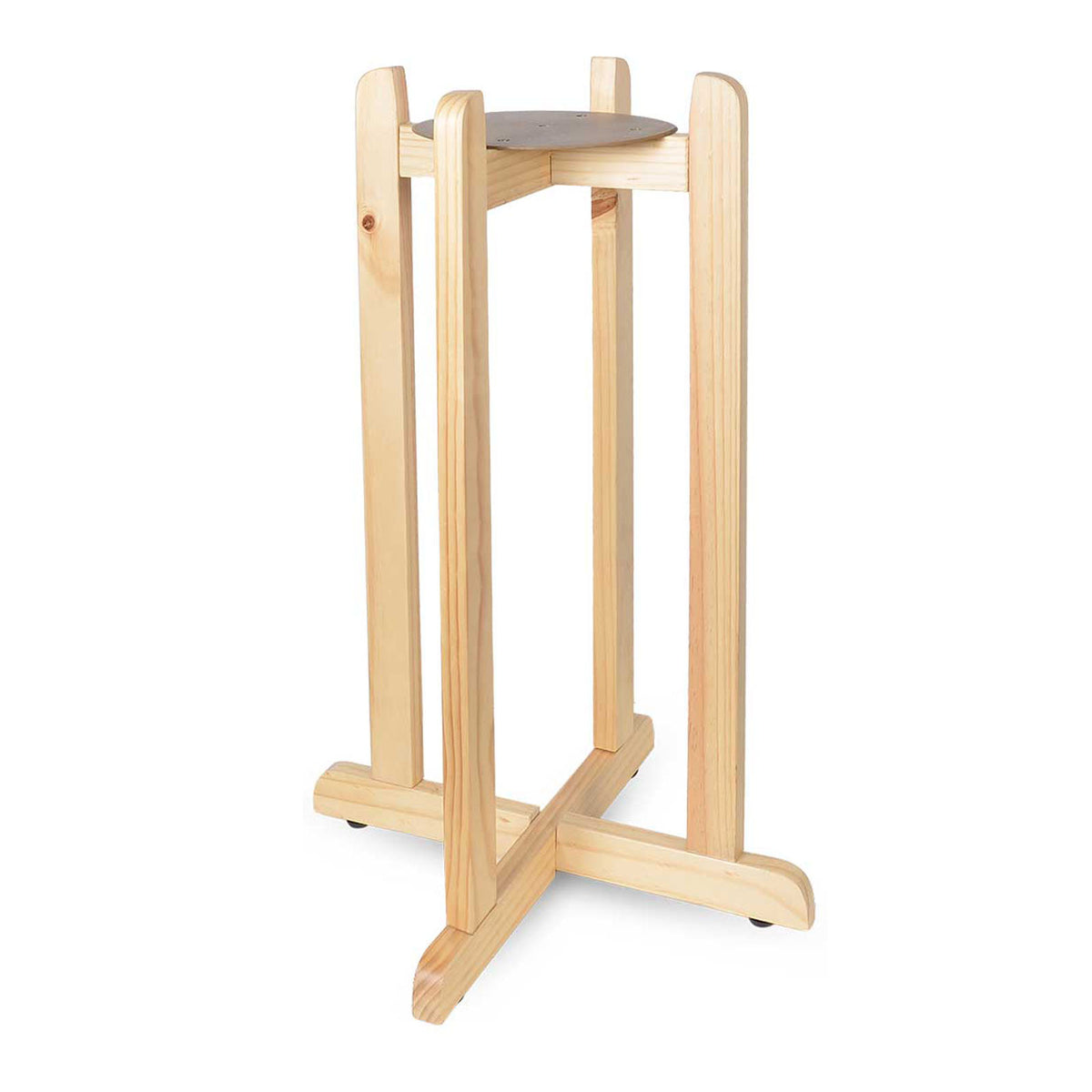A compact water dispenser stand with four vertical legs and a round top, crafted from solid wood in an assorted light-colored finish. The 27″ Crock Water Dispenser Stand features cross supports at the base for added stability, showcasing a subtle mid-century design.