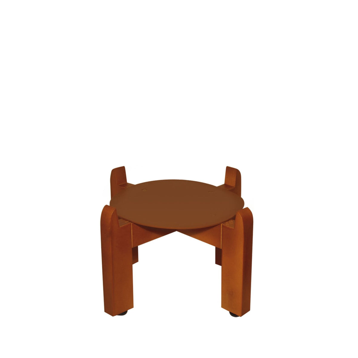 An 8-inch Crock Water Dispenser Wood Stand in assorted colors, featuring a small, round, and sturdy wooden design with four thick legs and a flat top made from solid wood, displayed against a plain white background.